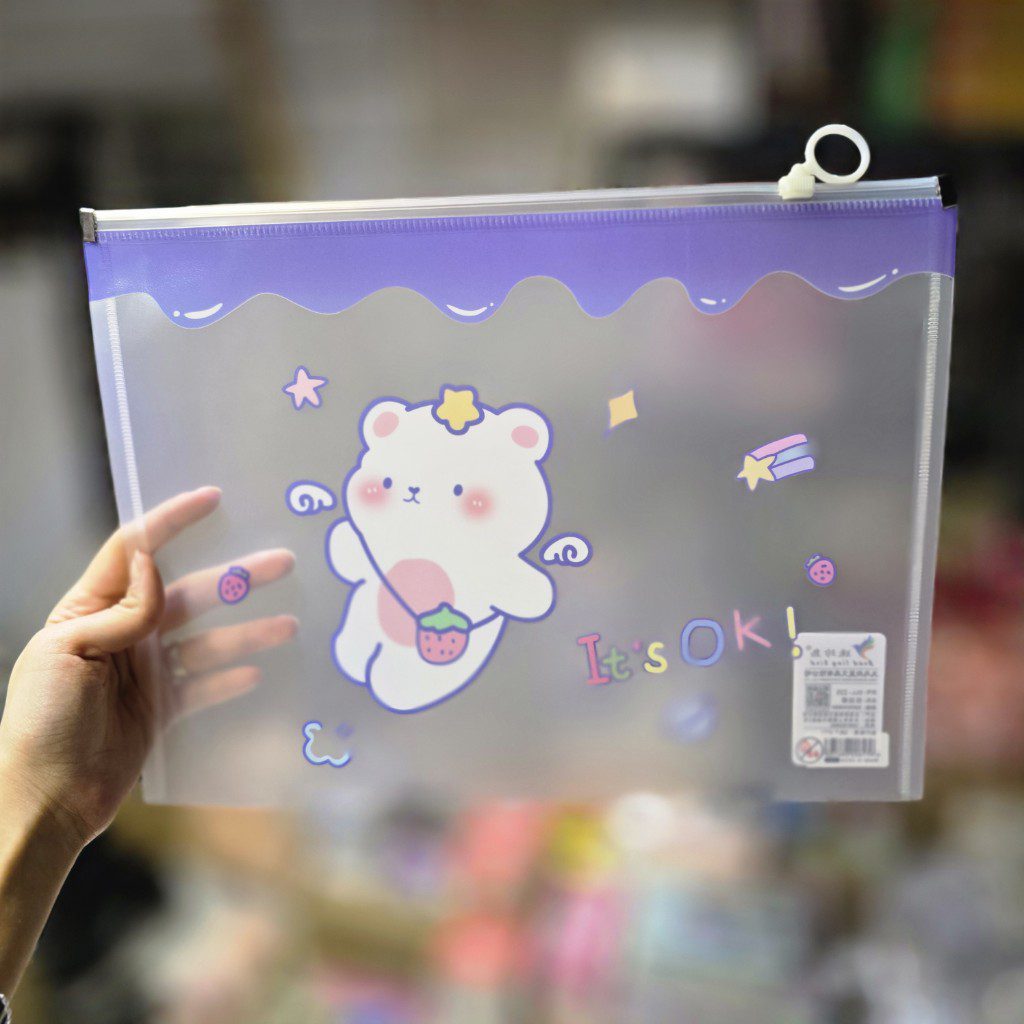 پوشه زیپی مغار دار سایز a4 خرس کیف توت فرنگی