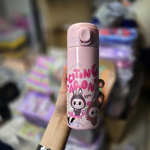 قمقمه فلزی آسان نوش طرح لبوبو صورتی